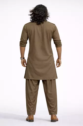 chiku solid swiss slub cotton pathani kurta with chiku silk blend patiala | eid festive ethnic set