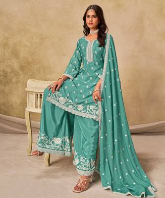 Aqua blue chinon heavy thread embroidery work palazzo suit 2
