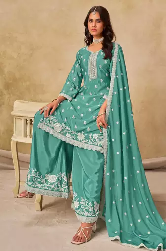 Aqua blue chinon heavy thread embroidery work palazzo suit
