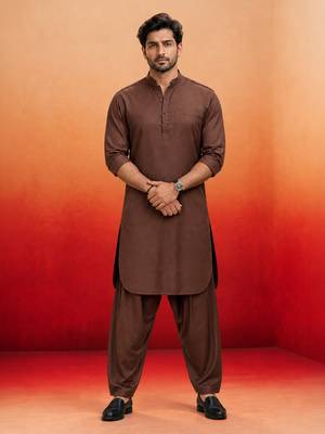 coffee brown swiss slub cotton pathani kurta with coffee brown silk blend patiala | eid festive set 3