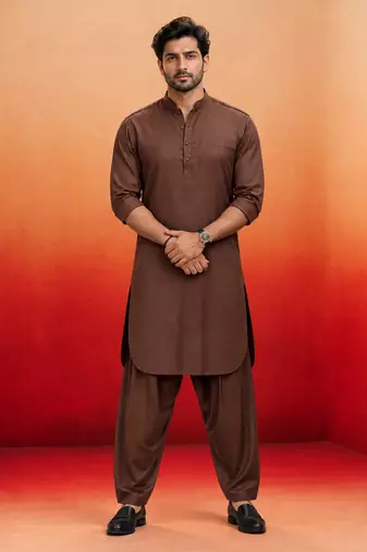 coffee brown swiss slub cotton pathani kurta with coffee brown silk blend patiala | eid festive set