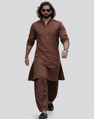 coffee brown swiss slub cotton pathani kurta with coffee brown silk blend patiala | eid festive set 3