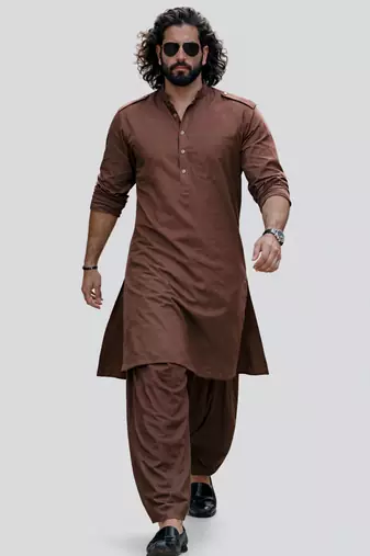 coffee brown swiss slub cotton pathani kurta with coffee brown silk blend patiala | eid festive set