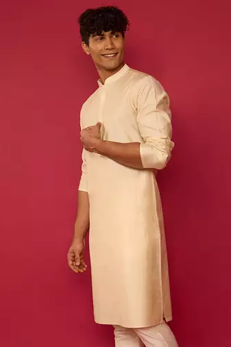 beige silk blend kurta | solid kota viscose fabric for festive occasions