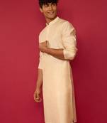 beige silk blend kurta | solid kota viscose fabric for festive occasions