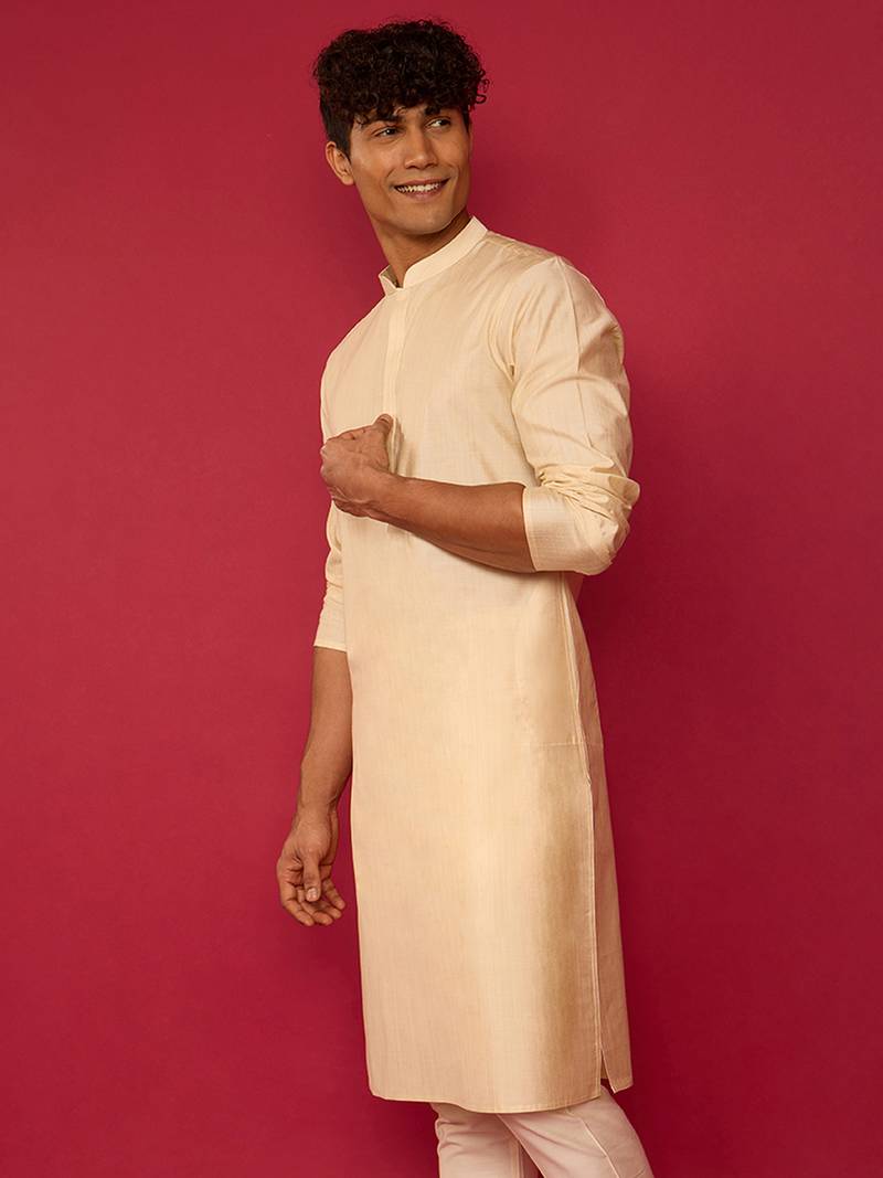 beige silk blend kurta | solid kota viscose fabric for festive occasions