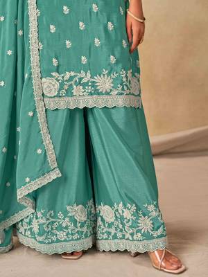 Aqua blue chinon heavy thread embroidery work palazzo suit 3