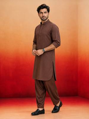 coffee brown swiss slub cotton pathani kurta with coffee brown silk blend patiala | eid festive set 4
