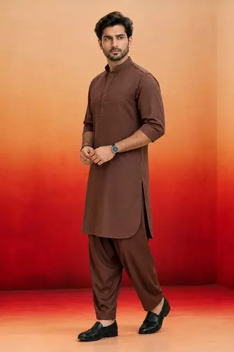 coffee brown swiss slub cotton pathani kurta with coffee brown silk blend patiala | eid festive set