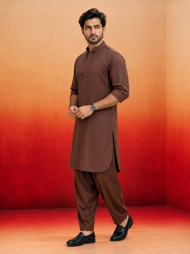 coffee brown swiss slub cotton pathani kurta with coffee brown silk blend patiala | eid festive set