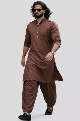coffee brown swiss slub cotton pathani kurta with coffee brown silk blend patiala | eid festive set