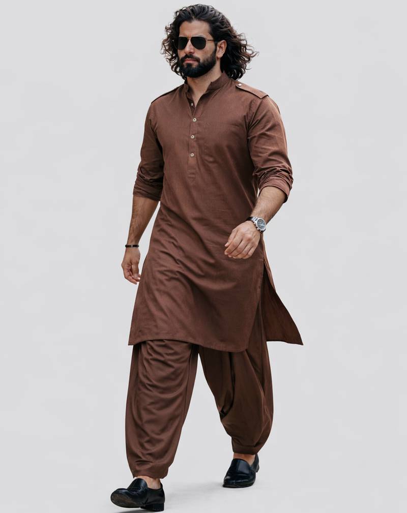 coffee brown swiss slub cotton pathani kurta with coffee brown silk blend patiala | eid festive set