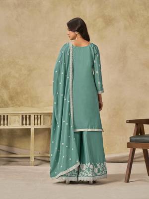 Aqua blue chinon heavy thread embroidery work palazzo suit 4