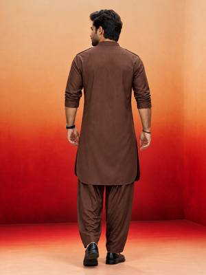 coffee brown swiss slub cotton pathani kurta with coffee brown silk blend patiala | eid festive set 5
