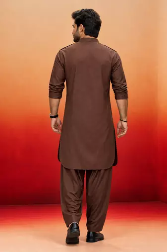 coffee brown swiss slub cotton pathani kurta with coffee brown silk blend patiala | eid festive set