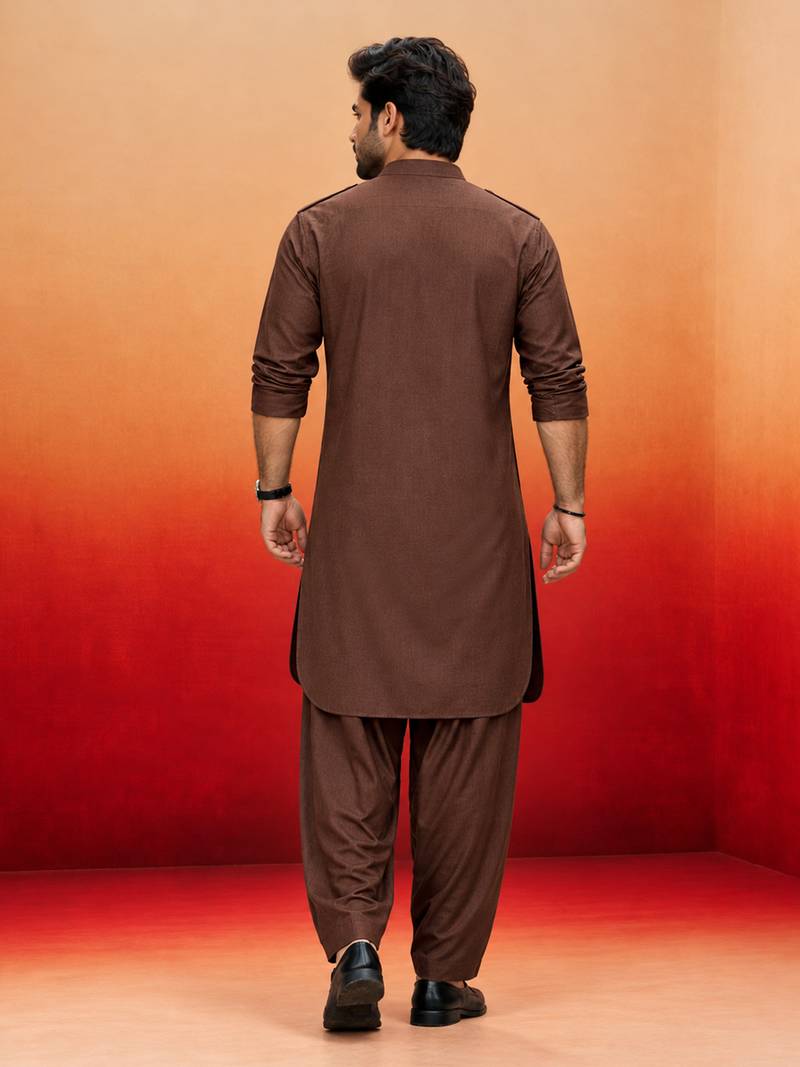coffee brown swiss slub cotton pathani kurta with coffee brown silk blend patiala | eid festive set