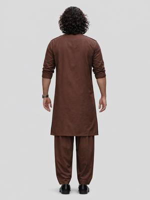 coffee brown swiss slub cotton pathani kurta with coffee brown silk blend patiala | eid festive set 5