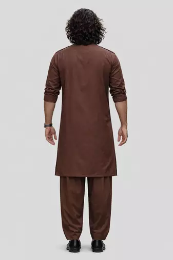 coffee brown swiss slub cotton pathani kurta with coffee brown silk blend patiala | eid festive set