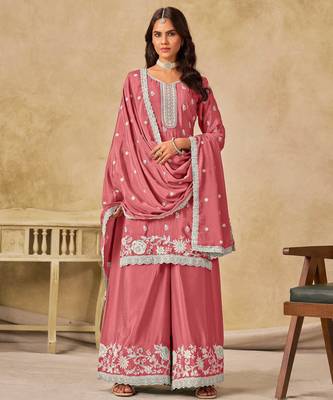Pink chinon heavy thread embroidery work palazzo suit 1