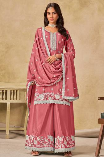 Pink chinon heavy thread embroidery work palazzo suit