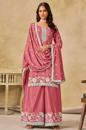 Pink chinon heavy thread embroidery work palazzo suit