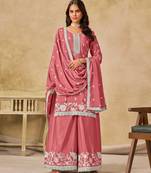 Pink chinon heavy thread embroidery work palazzo suit