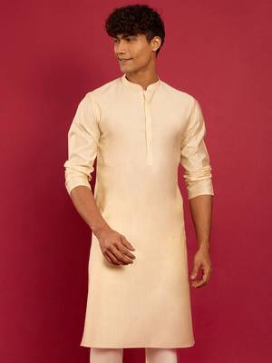 beige silk blend kurta | solid kota viscose fabric for festive occasions 3
