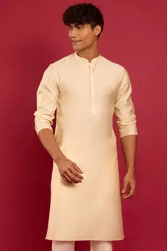 beige silk blend kurta | solid kota viscose fabric for festive occasions