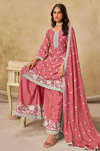 Pink chinon heavy thread embroidery work palazzo suit