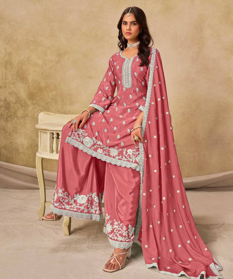 Pink chinon heavy thread embroidery work palazzo suit
