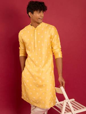 yellow silk blend kurta | pure japan raw silk with all-over ethnic thread embroidery 1