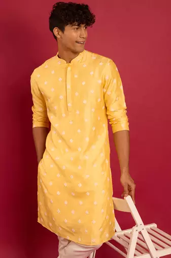 yellow silk blend kurta | pure japan raw silk with all-over ethnic thread embroidery