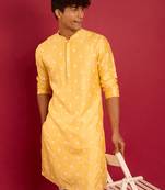 yellow silk blend kurta | pure japan raw silk with all-over ethnic thread embroidery