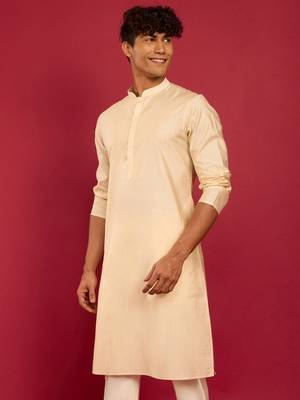 beige silk blend kurta | solid kota viscose fabric for festive occasions 4