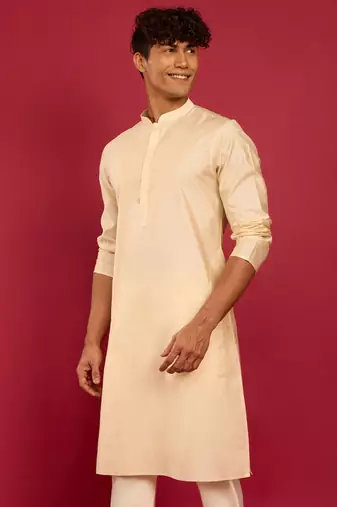 beige silk blend kurta | solid kota viscose fabric for festive occasions
