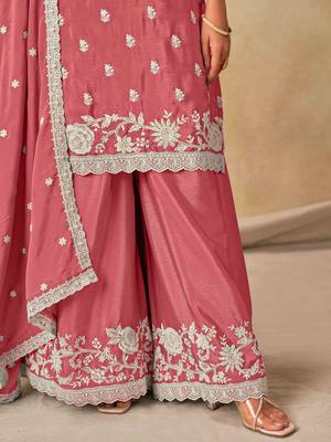 Pink chinon heavy thread embroidery work palazzo suit 3