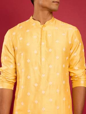 yellow silk blend kurta | pure japan raw silk with all-over ethnic thread embroidery 2