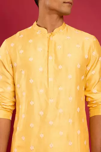 yellow silk blend kurta | pure japan raw silk with all-over ethnic thread embroidery