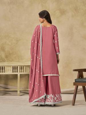 Pink chinon heavy thread embroidery work palazzo suit 4