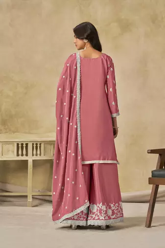 Pink chinon heavy thread embroidery work palazzo suit