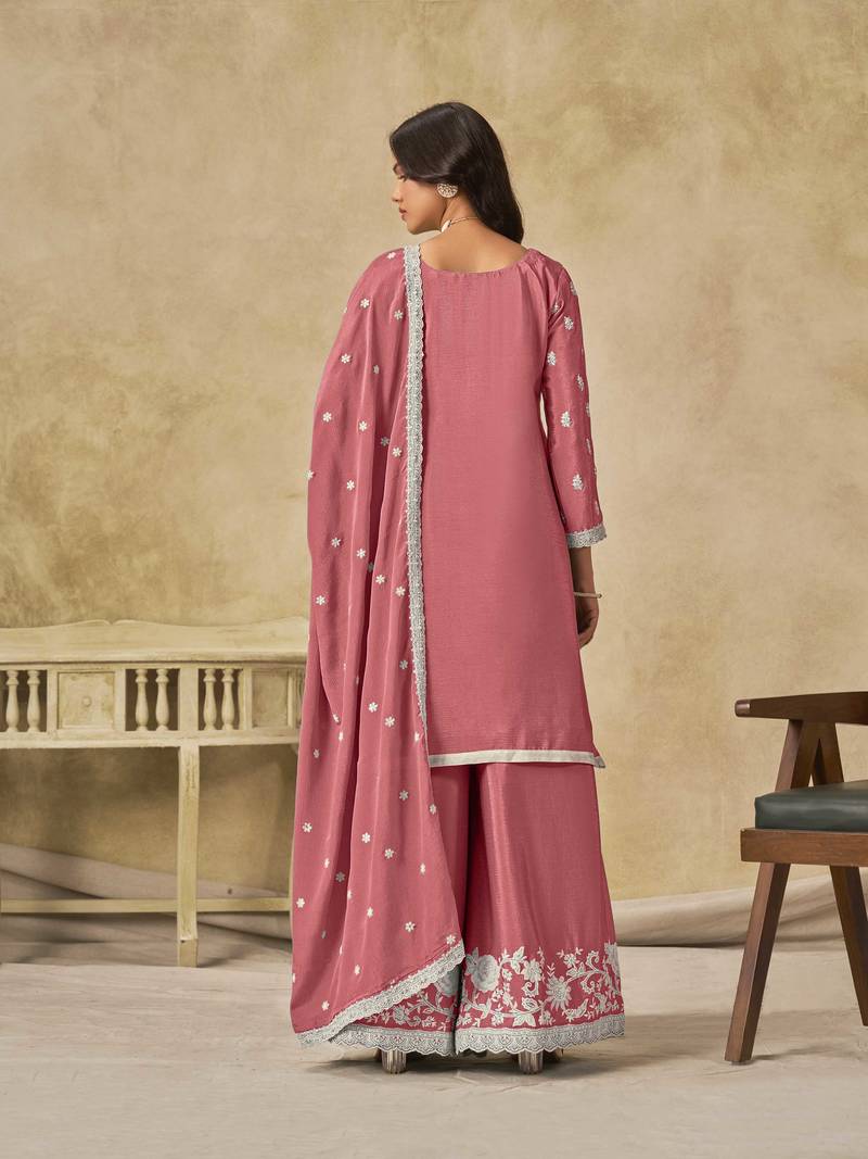 Pink chinon heavy thread embroidery work palazzo suit
