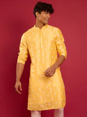 yellow silk blend kurta | pure japan raw silk with all-over ethnic thread embroidery 3