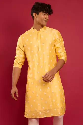 yellow silk blend kurta | pure japan raw silk with all-over ethnic thread embroidery