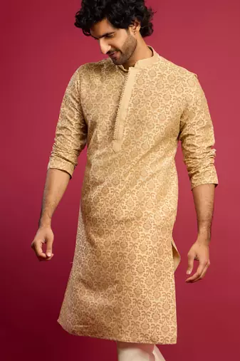 beige silk blend screen printed thread embroidered long kurta | wedding festive wear