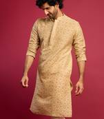 beige silk blend screen printed thread embroidered long kurta | wedding festive wear