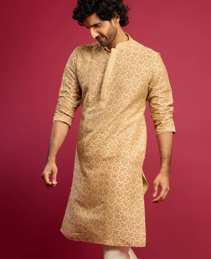 beige silk blend screen printed thread embroidered long kurta | wedding festive wear