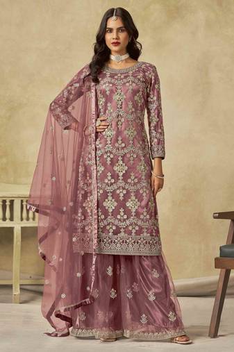 Mauve net heavy thread embroidery with sequins work palazzo suit