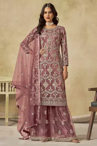 Mauve net heavy thread embroidery with sequins work palazzo suit