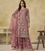 Mauve net heavy thread embroidery with sequins work palazzo suit