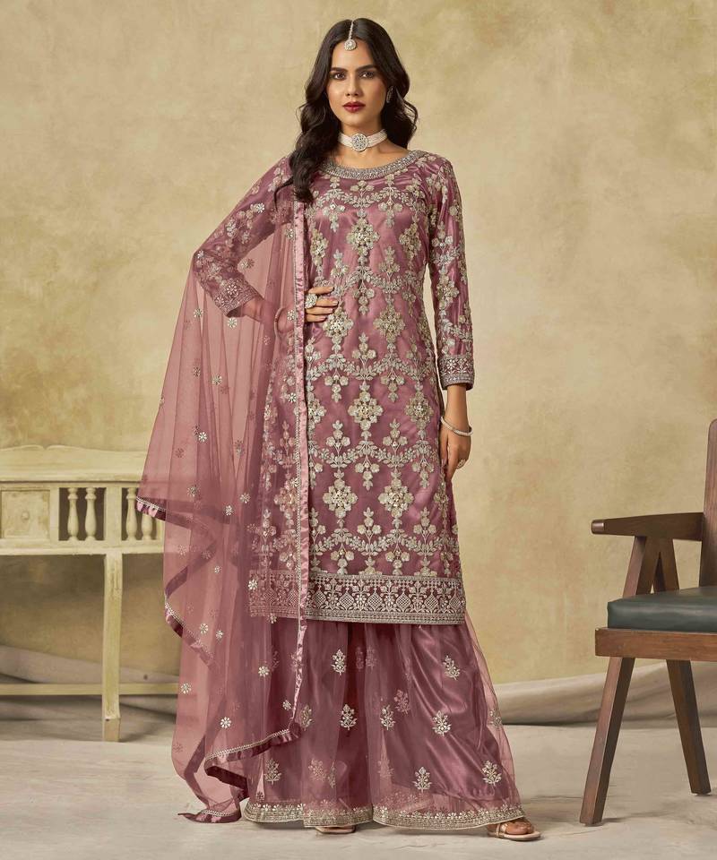 Mauve net heavy thread embroidery with sequins work palazzo suit